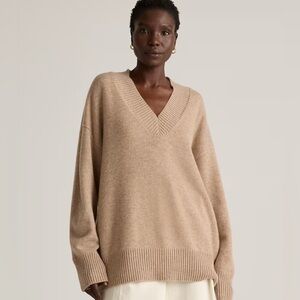 Quince Mongolian Cashmere Oversized V-Neck Sweater in Oatmeal